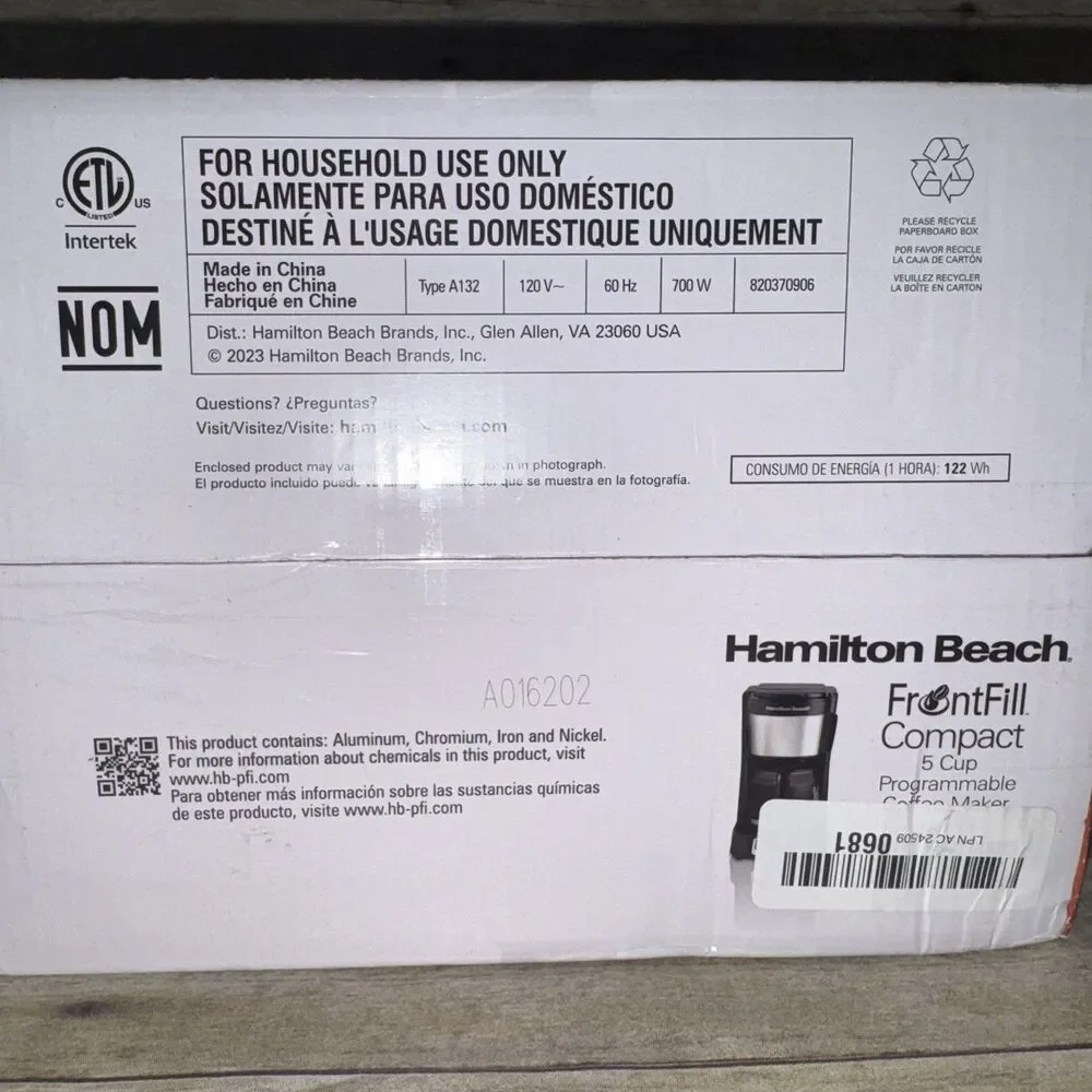 New In Box Hamilton Beach FrontFill Compact 5 Cup Coffee Maker Black In Color